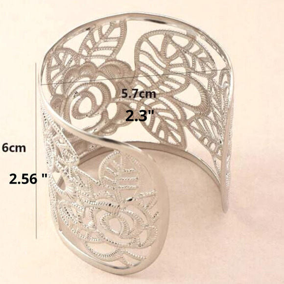 Silver Cuff Leaf Bangle Bracelet Wide Cuff Leaves Boho Floral Flower Floral Prin - Picture 4 of 4